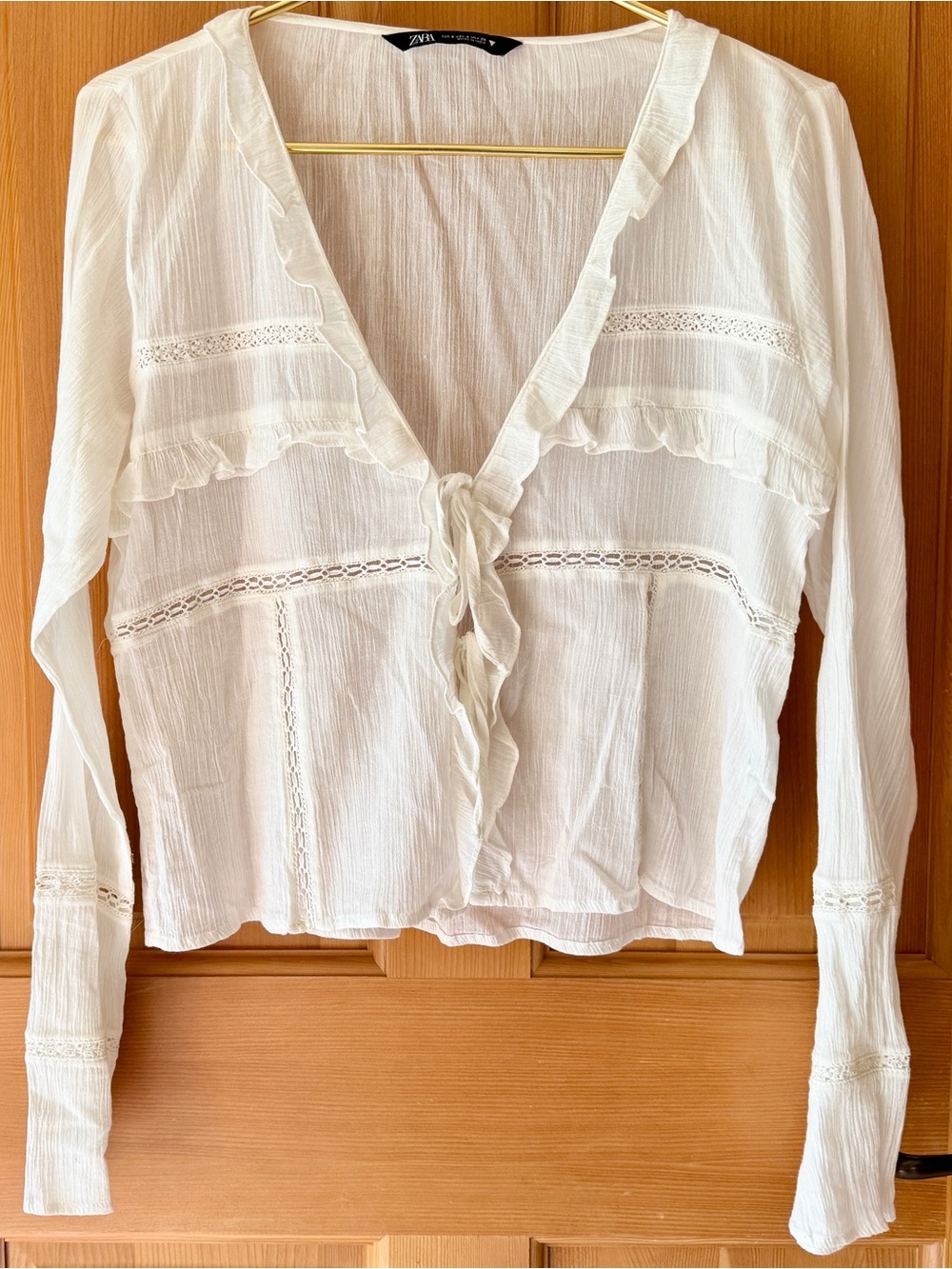 Zara Cream Ruffle Tie-Front Lace-Inset Blouse